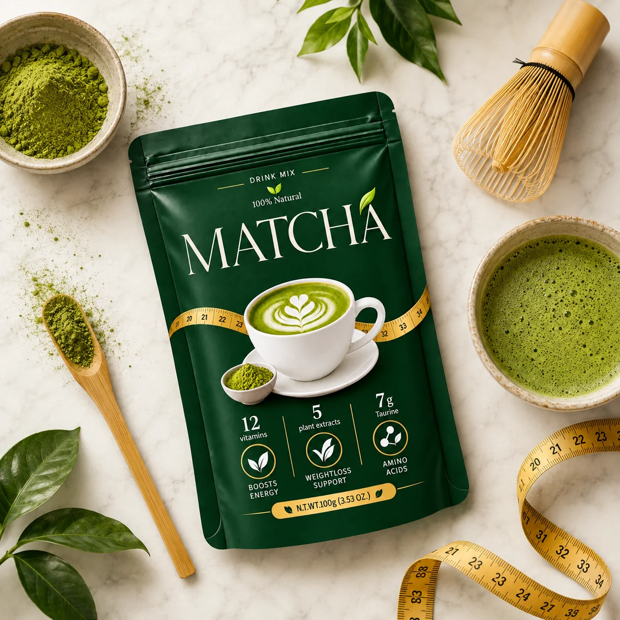Pachet Matcha alături de pudră, bol cu matcha și tel din bambus