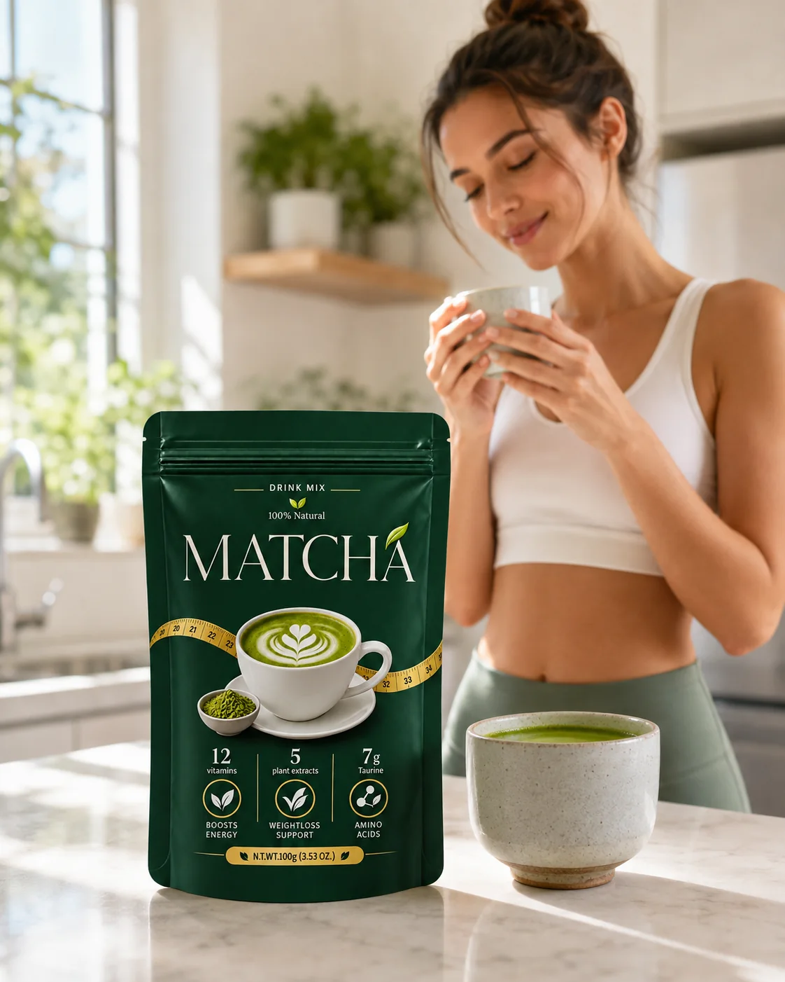 Pachet Matcha și cană cu băutură verde într-un cadru de bucătărie