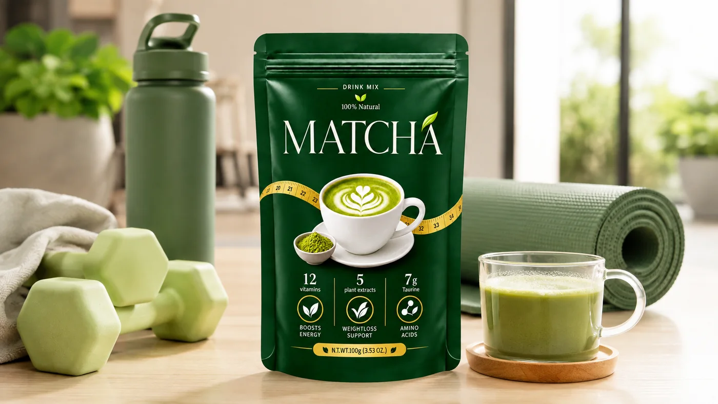 Pachet Matcha alături de o cană cu matcha, pudră și accesorii pentru preparare