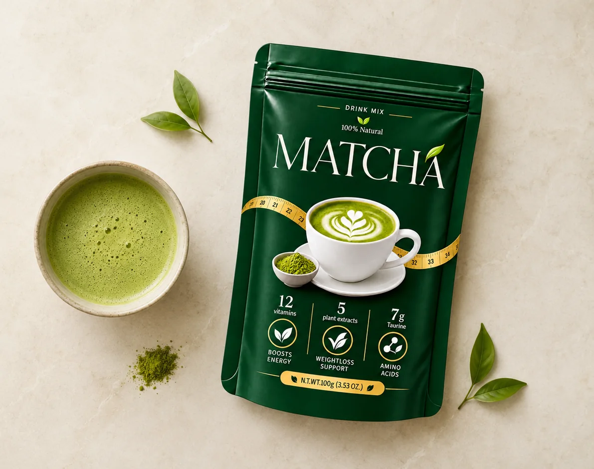 Pachet Matcha lângă accesorii pentru activitate fizică și o cană cu băutură
